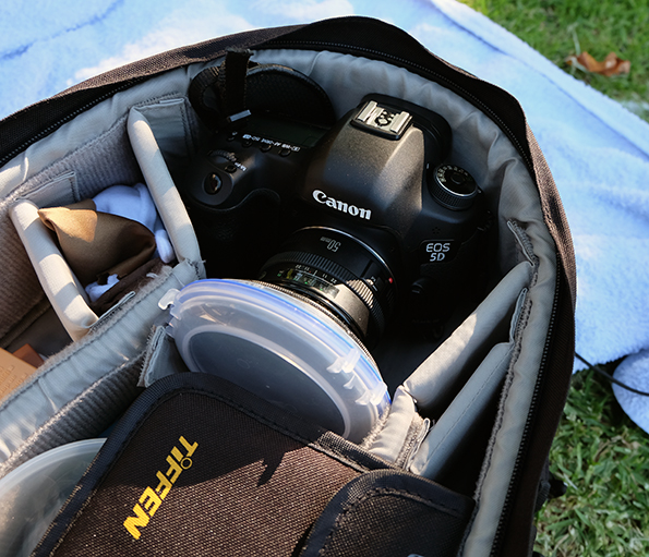 ND filter cap attached and camera stored in backpack