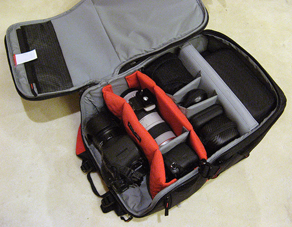 Manfrotto PL-3N1-36 Camera backpack front cover open to the hinge.