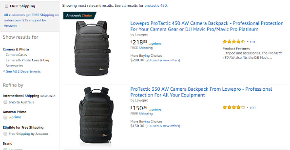 Amazon Lowepro Protactic 450 AW Backpack Ads