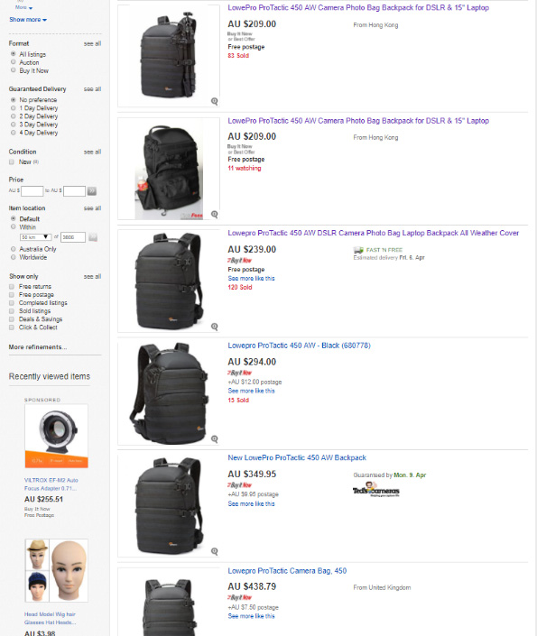 Ebay Lowepro Protactic 450 AW Backpack Ads